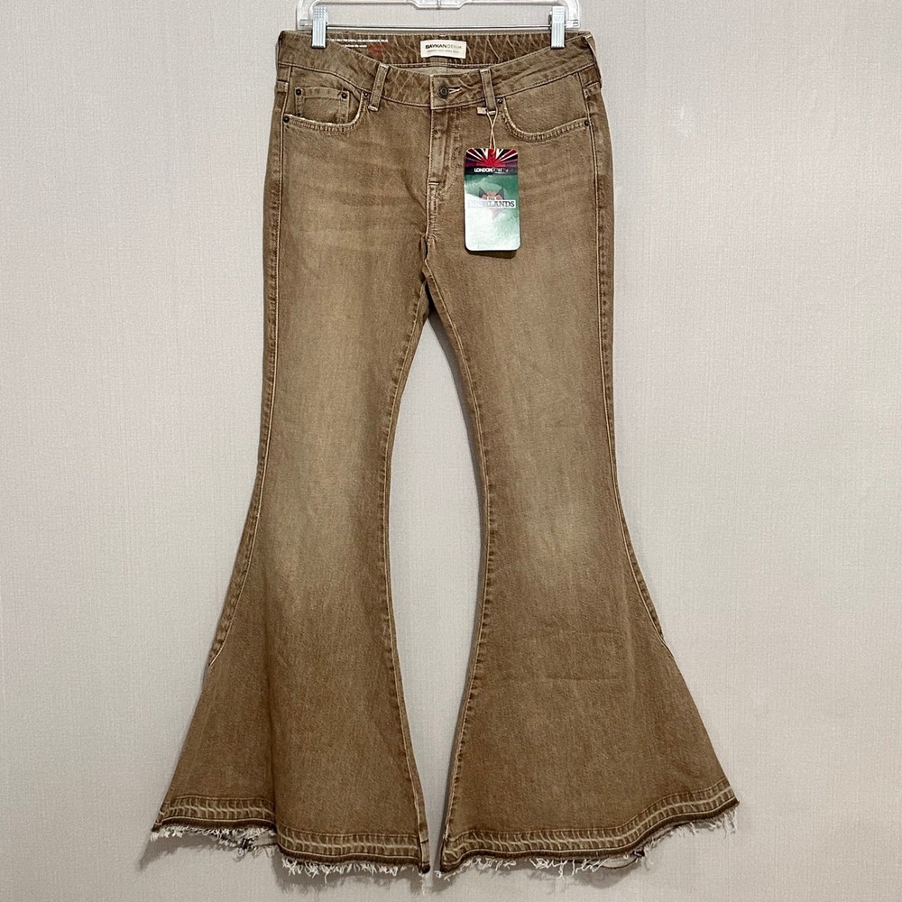 Low Rise Bell Bottom Jeans Extreme Flare Brown Wash Raw Hem Size 28 Baykan Denim